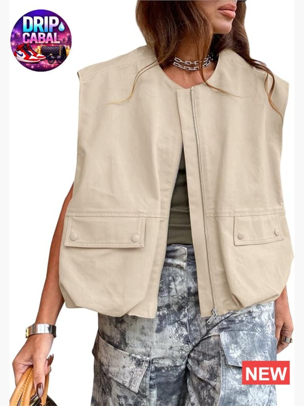 Women's Zip Up Cargo Vest Oversized Lightweight Ruched Hem Sleeveless Blazer